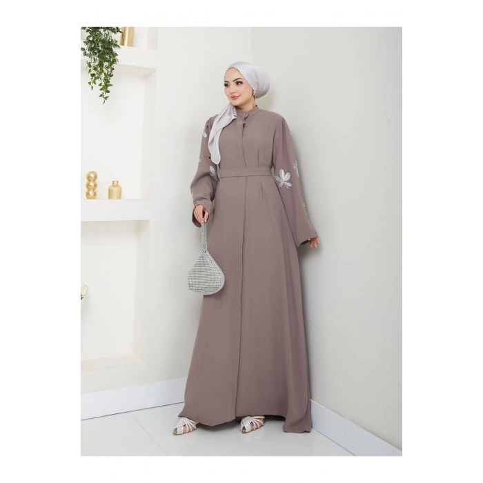 KELEBEK BASKI ABAYA TESETTÜR GIYIM KADIN FERACE ELBISE VİZON