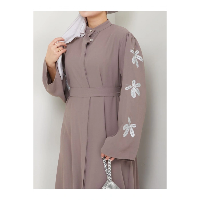 KELEBEK BASKI ABAYA TESETTÜR GIYIM KADIN FERACE ELBISE VİZON