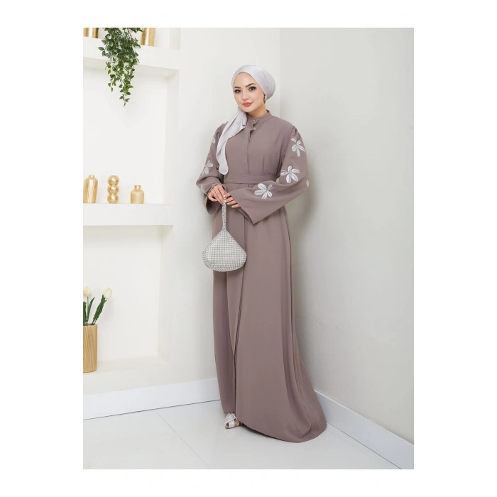 KELEBEK BASKI ABAYA TESETTÜR GIYIM KADIN FERACE ELBISE VİZON