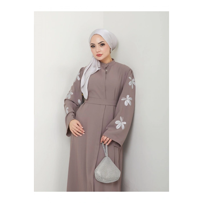 KELEBEK BASKI ABAYA TESETTÜR GIYIM KADIN FERACE ELBISE VİZON