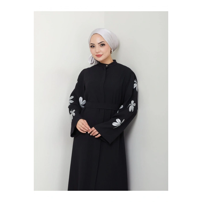KELEBEK BASKI ABAYA TESETTÜR GIYIM KADIN FERACE ELBISE SİYAH