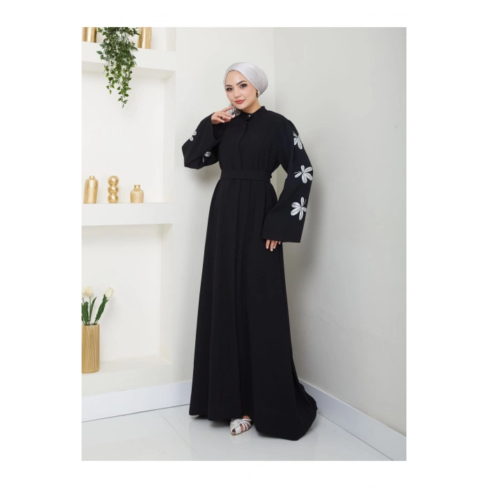 KELEBEK BASKI ABAYA TESETTÜR GIYIM KADIN FERACE ELBISE SİYAH