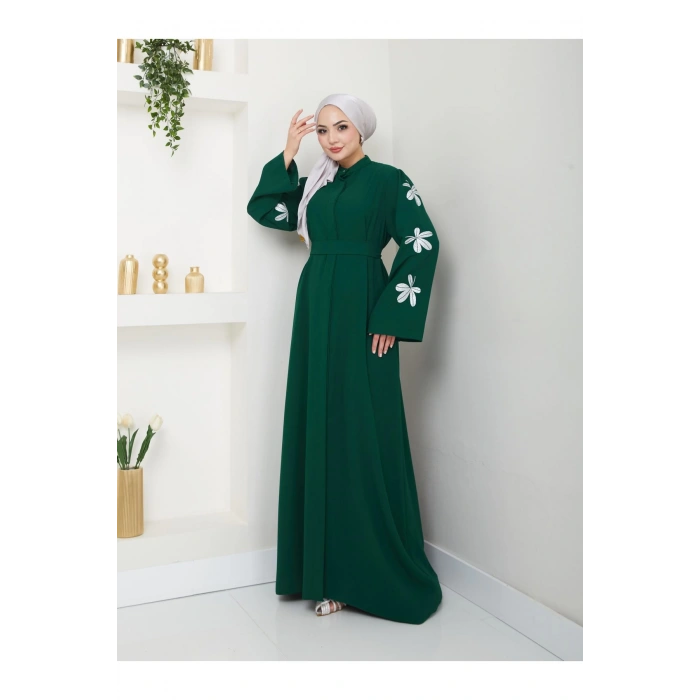 KELEBEK BASKI ABAYA TESETTÜR KADIN FERACE ELBISE ZÜMRÜT