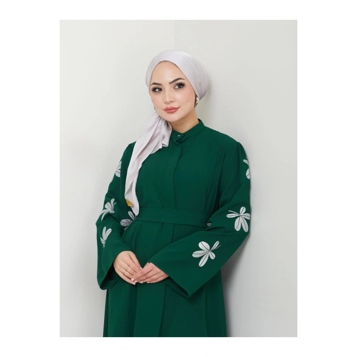 KELEBEK BASKI ABAYA TESETTÜR KADIN FERACE ELBISE ZÜMRÜT