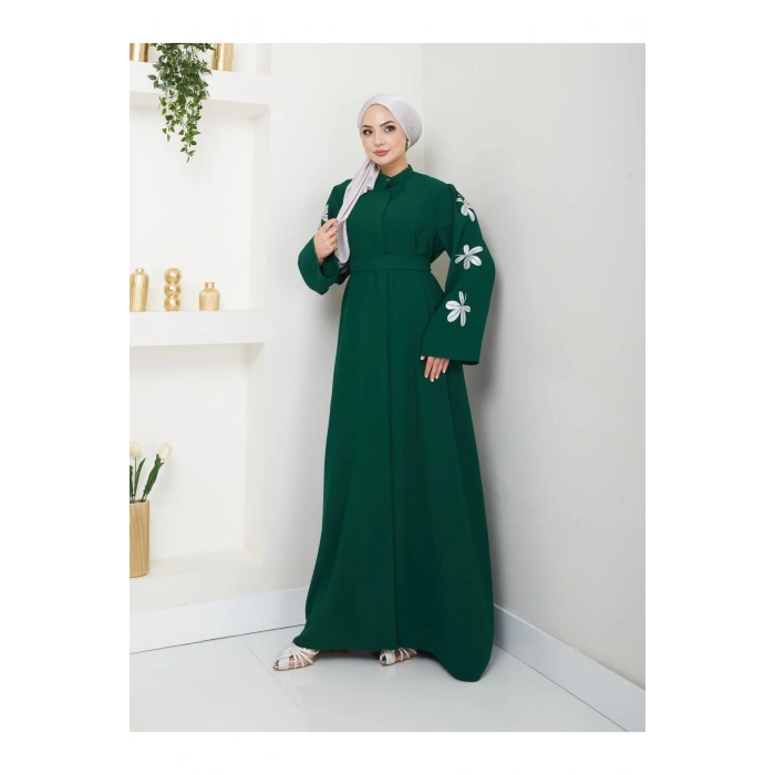 KELEBEK BASKI ABAYA TESETTÜR KADIN FERACE ELBISE ZÜMRÜT