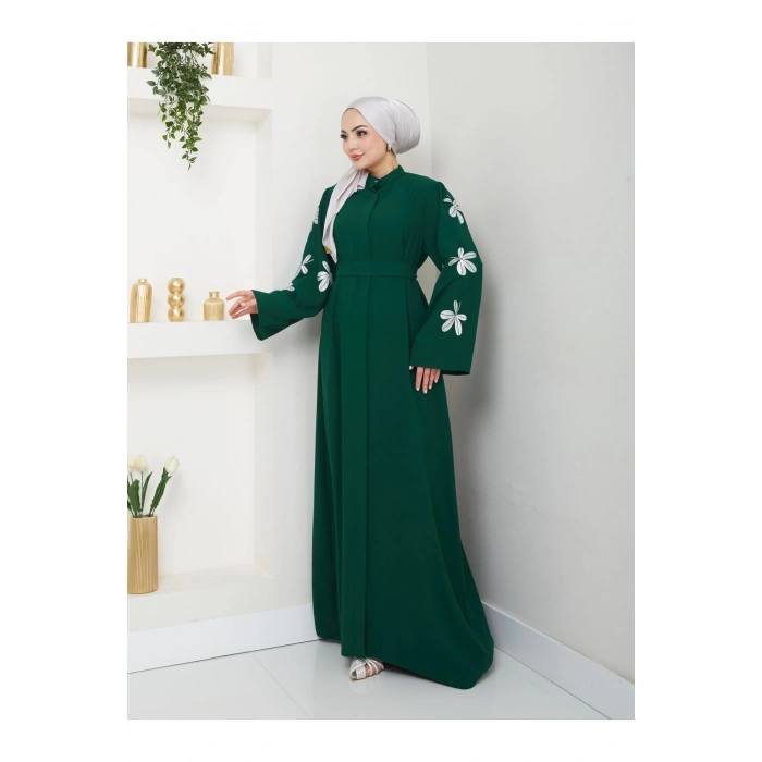 KELEBEK BASKI ABAYA TESETTÜR KADIN FERACE ELBISE ZÜMRÜT