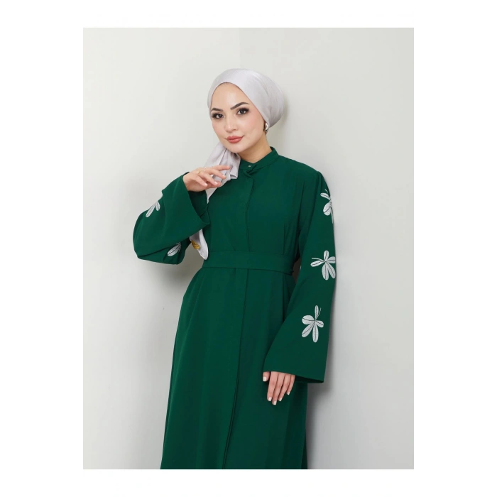 KELEBEK BASKI ABAYA TESETTÜR KADIN FERACE ELBISE ZÜMRÜT