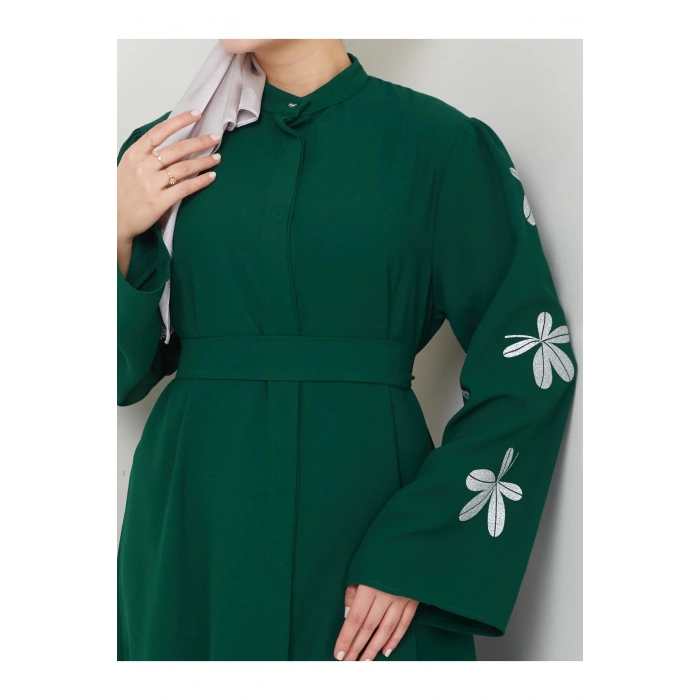 KELEBEK BASKI ABAYA TESETTÜR KADIN FERACE ELBISE ZÜMRÜT