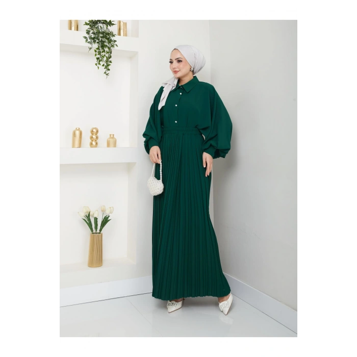 ETEĞİ PLİSELİ  GÖMLEKLI YAKA TESETTÜR TAKIM YEŞİL