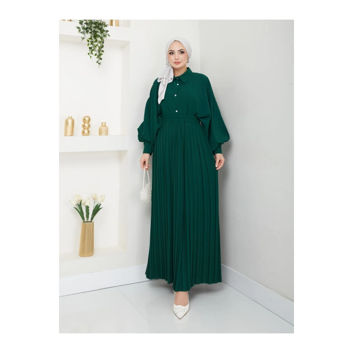 ETEĞİ PLİSELİ  GÖMLEKLI YAKA TESETTÜR TAKIM YEŞİL