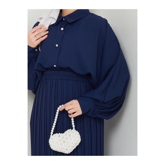 ETEĞİ PLİSELİ  GÖMLEKLI YAKA TESETTÜR TAKIM LACİVERT