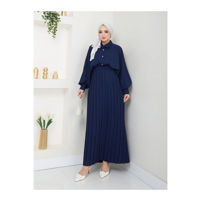 ETEĞİ PLİSELİ  GÖMLEKLI YAKA TESETTÜR TAKIM LACİVERT