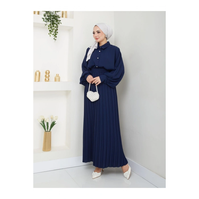 ETEĞİ PLİSELİ  GÖMLEKLI YAKA TESETTÜR TAKIM LACİVERT