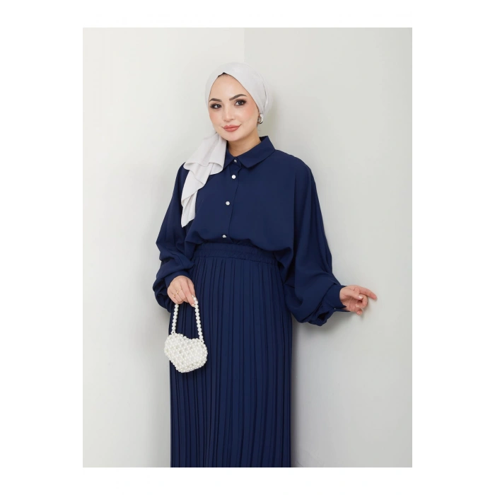 ETEĞİ PLİSELİ  GÖMLEKLI YAKA TESETTÜR TAKIM LACİVERT