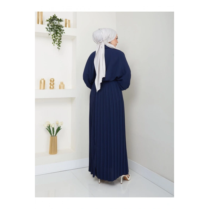 ETEĞİ PLİSELİ  GÖMLEKLI YAKA TESETTÜR TAKIM LACİVERT