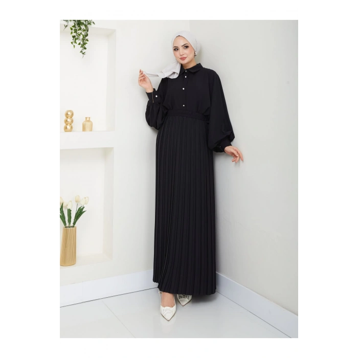 ETEĞİ PLİSELİ  GÖMLEKLI YAKA TESETTÜR TAKIM SİYAH