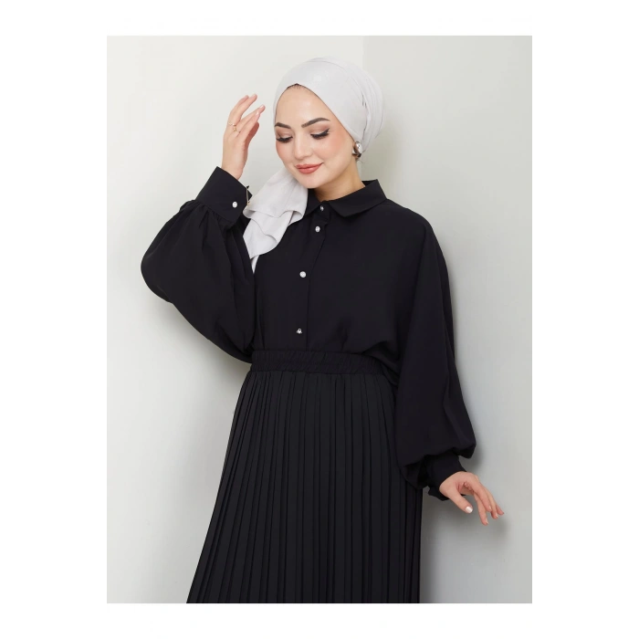 ETEĞİ PLİSELİ  GÖMLEKLI YAKA TESETTÜR TAKIM SİYAH