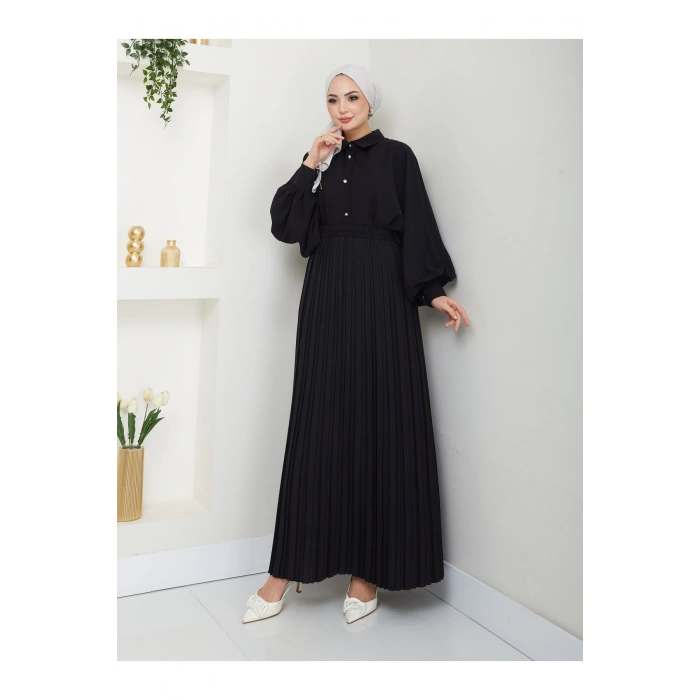 ETEĞİ PLİSELİ  GÖMLEKLI YAKA TESETTÜR TAKIM SİYAH