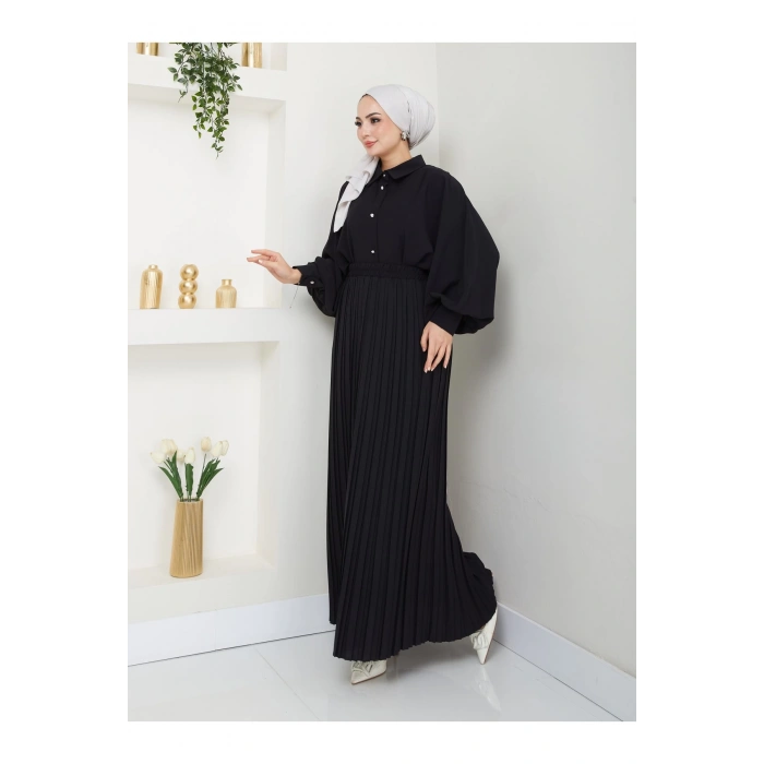 ETEĞİ PLİSELİ  GÖMLEKLI YAKA TESETTÜR TAKIM SİYAH
