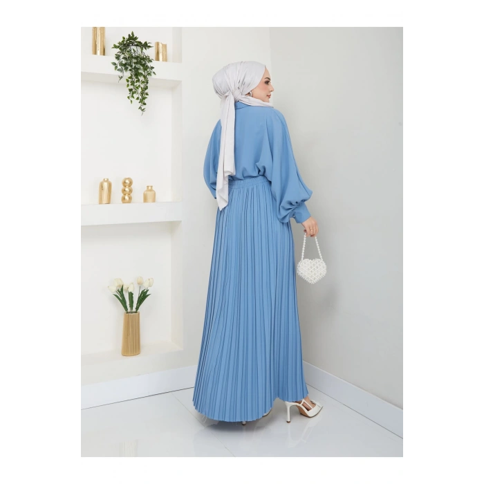 ETEĞİ PLİSELİ  GÖMLEKLI YAKA TESETTÜR TAKIM MAVİ
