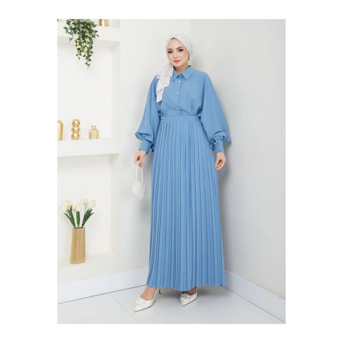 ETEĞİ PLİSELİ  GÖMLEKLI YAKA TESETTÜR TAKIM MAVİ
