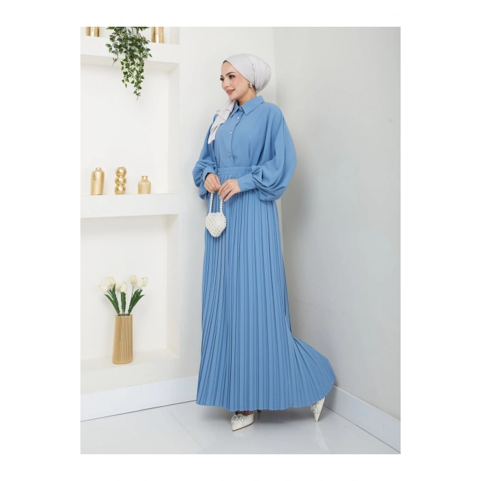 ETEĞİ PLİSELİ  GÖMLEKLI YAKA TESETTÜR TAKIM MAVİ