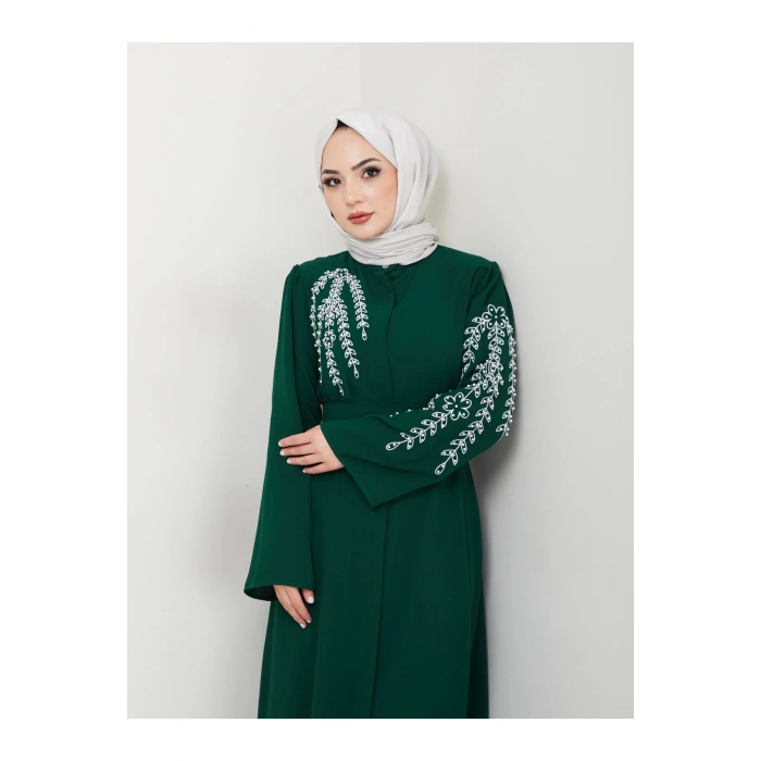 TAŞLİ ABAYA TESETTÜR GIYIM KADIN FERACE ELBISE ZÜMRÜT