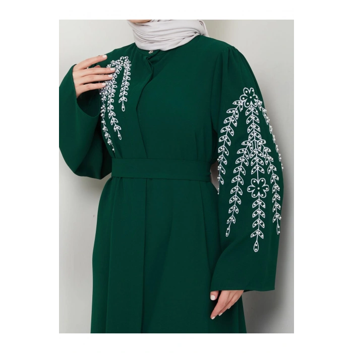 TAŞLİ ABAYA TESETTÜR GIYIM KADIN FERACE ELBISE ZÜMRÜT