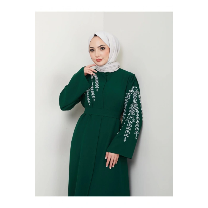 TAŞLİ ABAYA TESETTÜR GIYIM KADIN FERACE ELBISE ZÜMRÜT