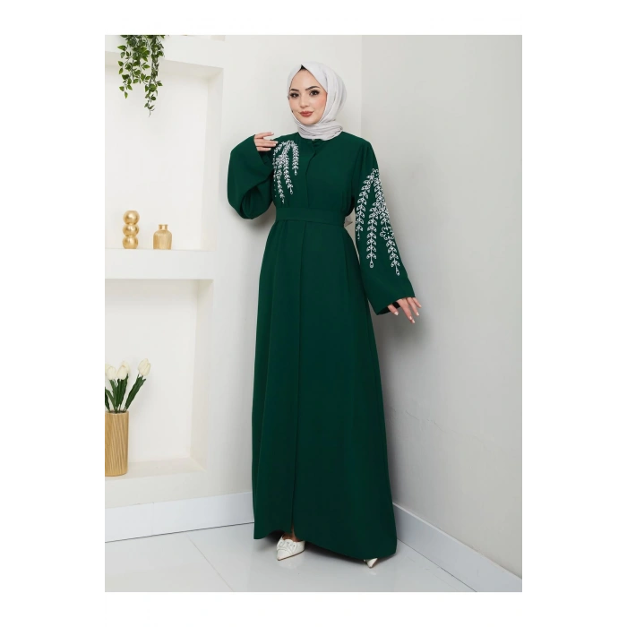 TAŞLİ ABAYA TESETTÜR GIYIM KADIN FERACE ELBISE ZÜMRÜT