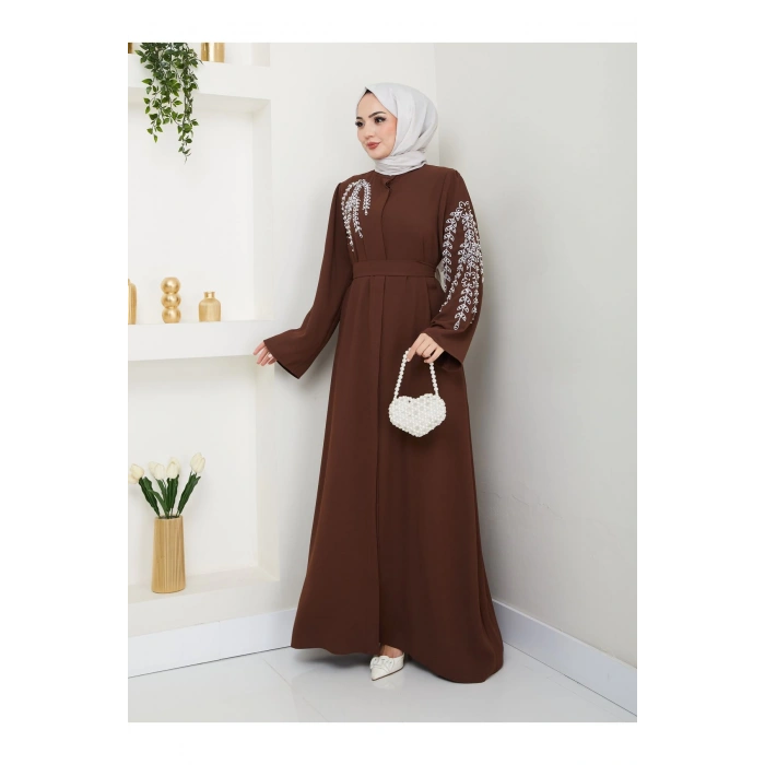 TAŞLİ ABAYA TESETTÜR GIYIM KADIN FERACE ELBISE KAHVE