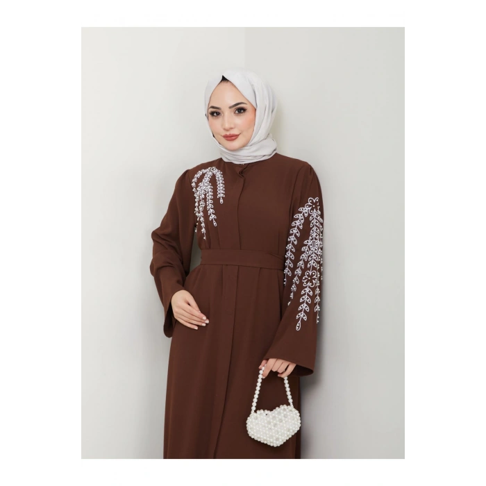 TAŞLİ ABAYA TESETTÜR GIYIM KADIN FERACE ELBISE KAHVE