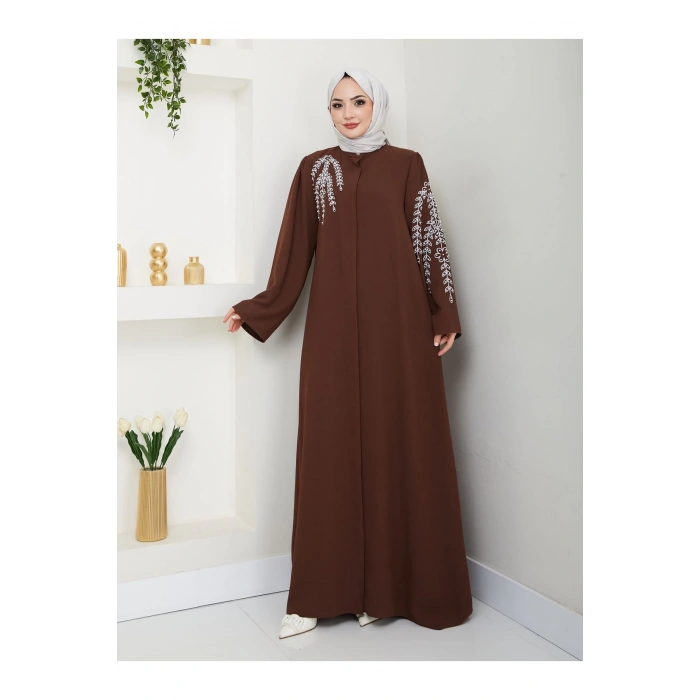 TAŞLİ ABAYA TESETTÜR GIYIM KADIN FERACE ELBISE KAHVE