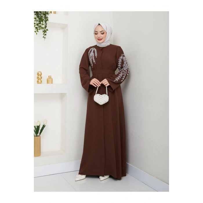 TAŞLİ ABAYA TESETTÜR GIYIM KADIN FERACE ELBISE KAHVE