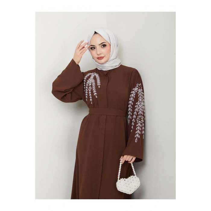 TAŞLİ ABAYA TESETTÜR GIYIM KADIN FERACE ELBISE KAHVE