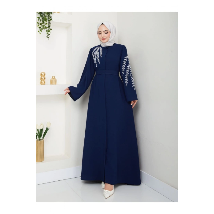 TAŞLİ ABAYA TESETTÜR GIYIM KADIN FERACE ELBISE LACIVERT