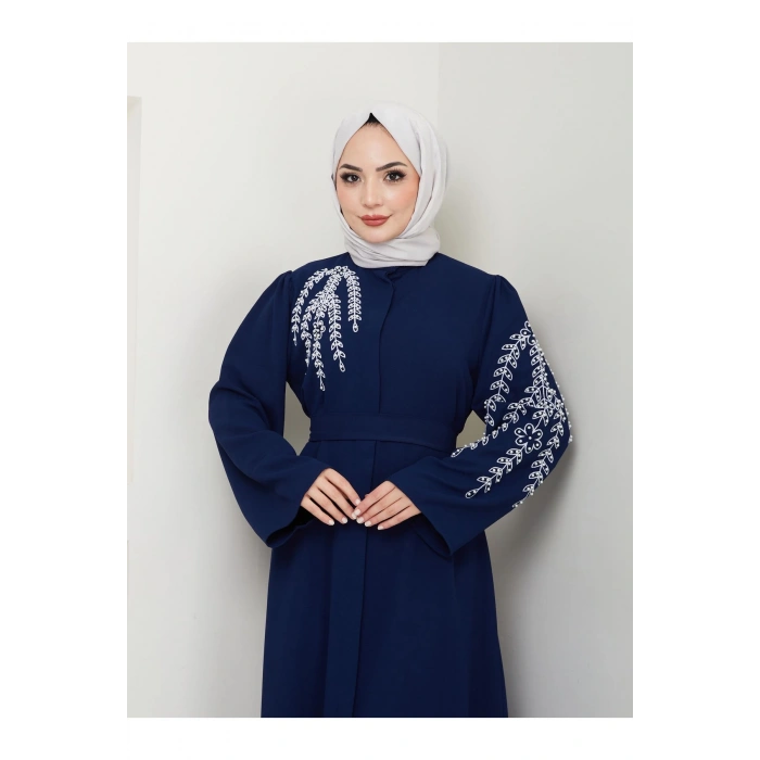 TAŞLİ ABAYA TESETTÜR GIYIM KADIN FERACE ELBISE LACIVERT