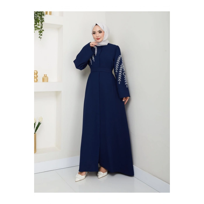 TAŞLİ ABAYA TESETTÜR GIYIM KADIN FERACE ELBISE LACIVERT