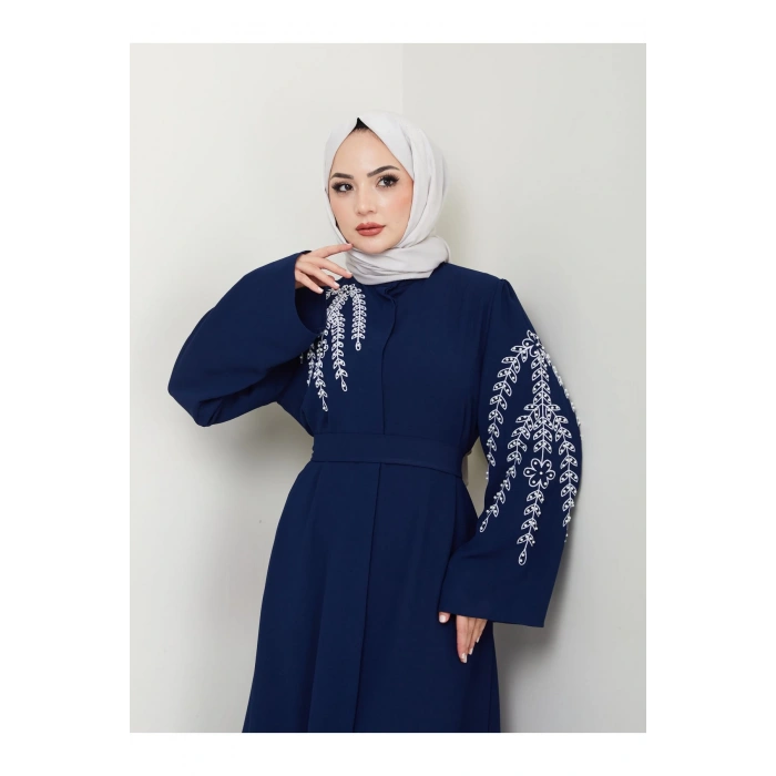 TAŞLİ ABAYA TESETTÜR GIYIM KADIN FERACE ELBISE LACIVERT