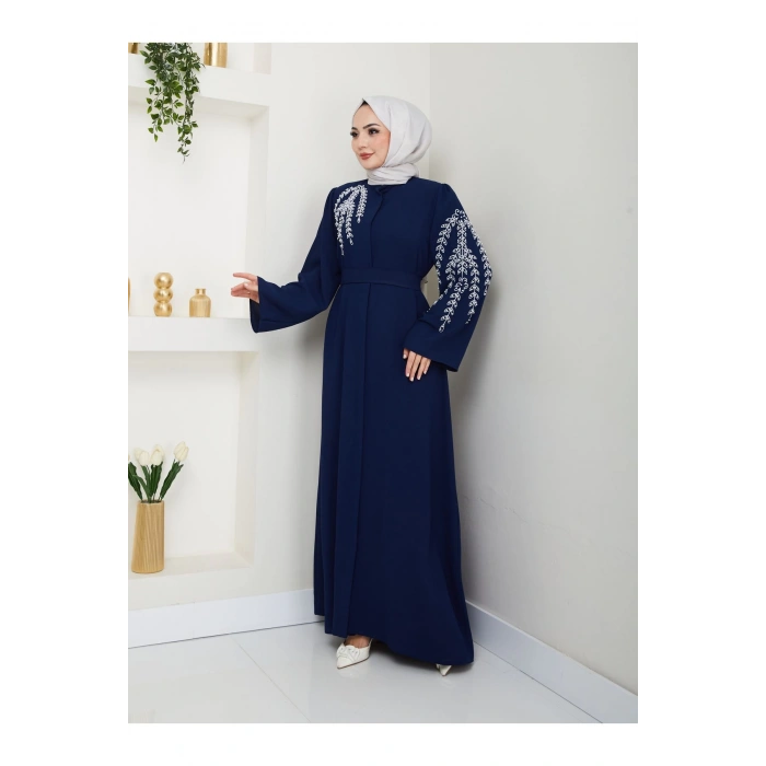 TAŞLİ ABAYA TESETTÜR GIYIM KADIN FERACE ELBISE LACIVERT