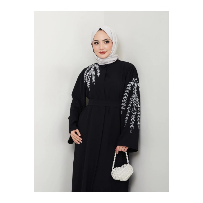 TAŞLİ ABAYA TESETTÜR GIYIM KADIN FERACE ELBISE SİYAH