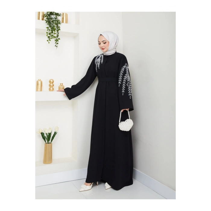 TAŞLİ ABAYA TESETTÜR GIYIM KADIN FERACE ELBISE SİYAH