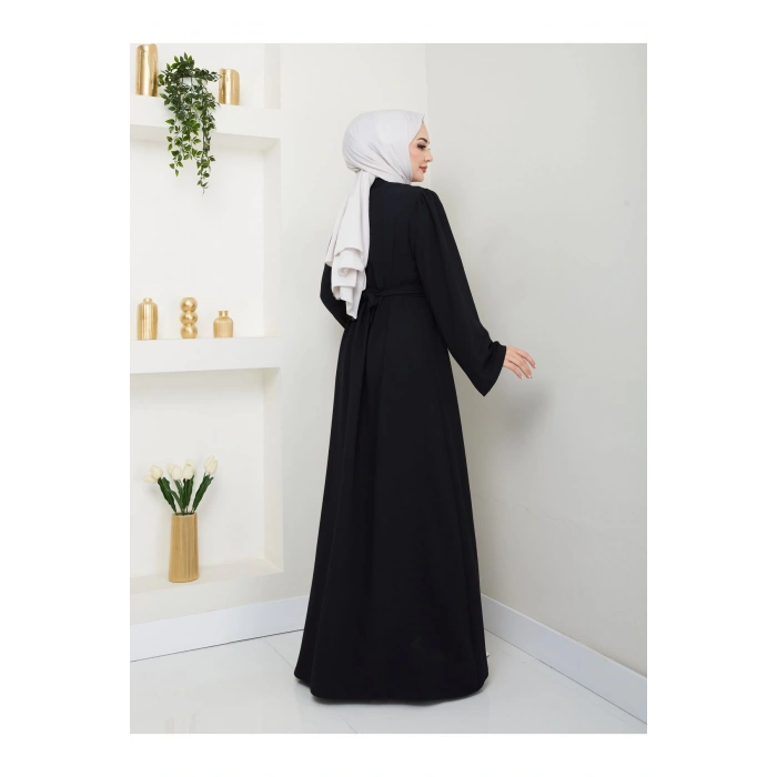 TAŞLİ ABAYA TESETTÜR GIYIM KADIN FERACE ELBISE SİYAH