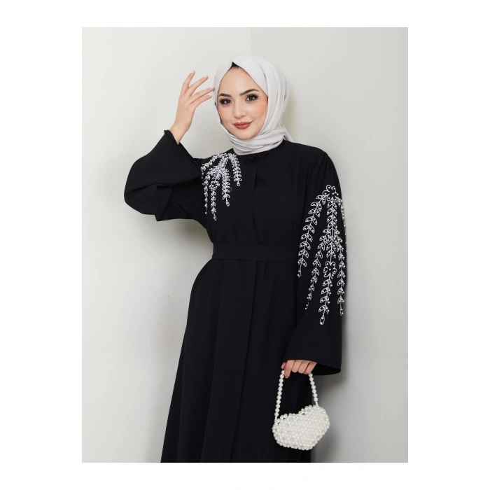 TAŞLİ ABAYA TESETTÜR GIYIM KADIN FERACE ELBISE SİYAH