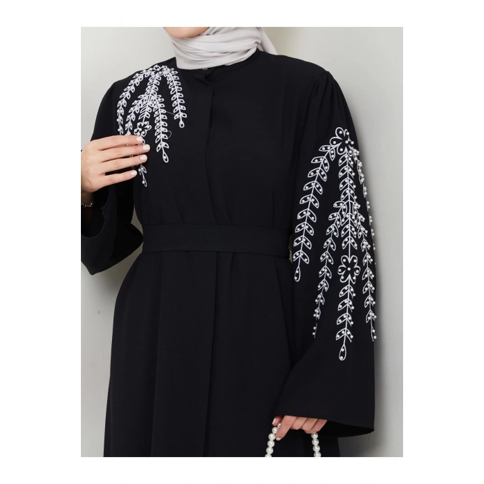 TAŞLİ ABAYA TESETTÜR GIYIM KADIN FERACE ELBISE SİYAH