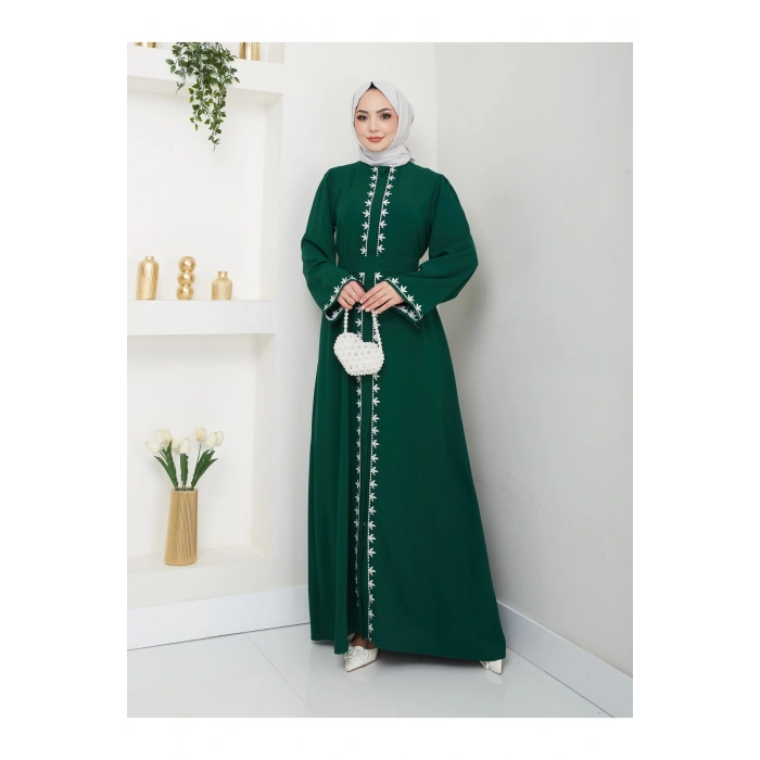 NAKIŞLI ABAYA TESETTÜR GIYIM KADIN FERACE ELBISE ZÜMRÜT