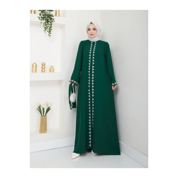 NAKIŞLI ABAYA TESETTÜR GIYIM KADIN FERACE ELBISE ZÜMRÜT
