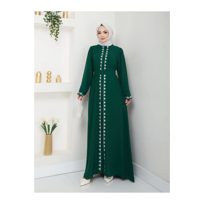 NAKIŞLI ABAYA TESETTÜR GIYIM KADIN FERACE ELBISE ZÜMRÜT