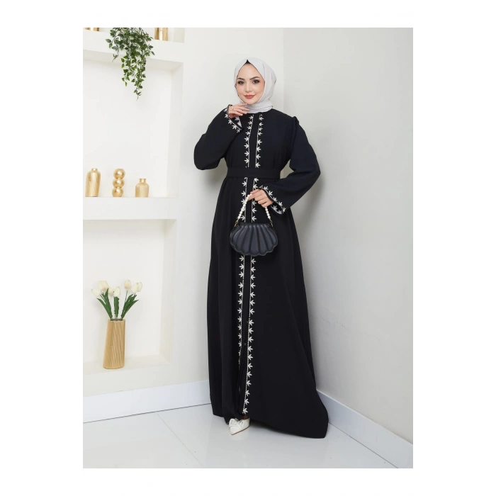 NAKIŞLI ABAYA TESETTÜR GIYIM KADIN FERACE ELBISE SİYAH