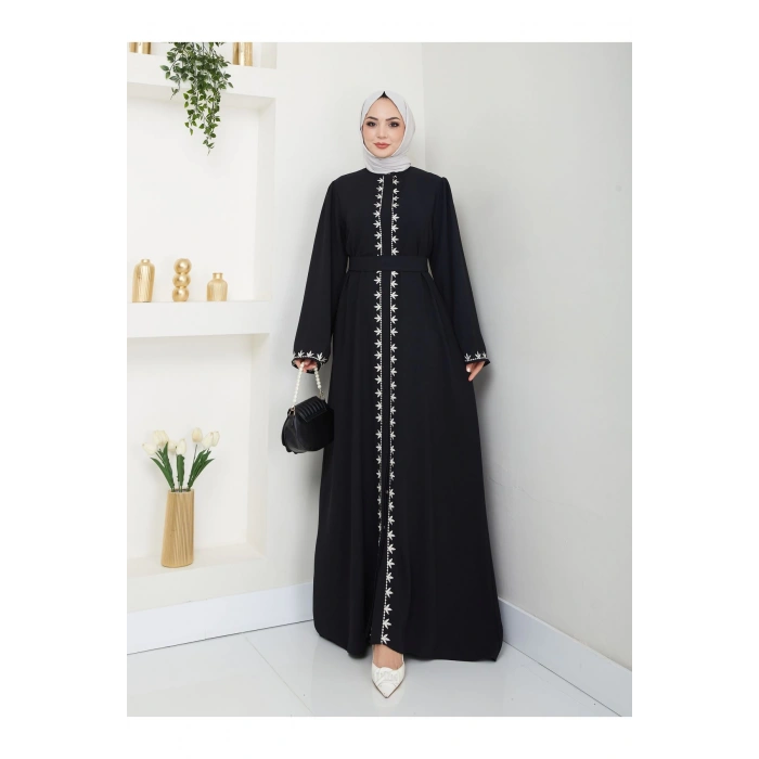 NAKIŞLI ABAYA TESETTÜR GIYIM KADIN FERACE ELBISE SİYAH